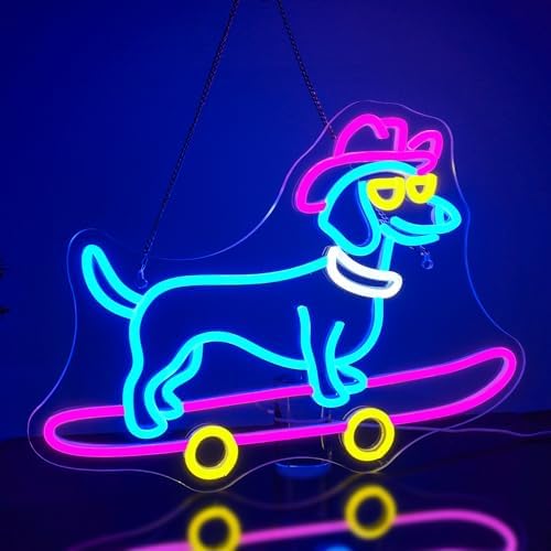 Looklight Skateboard Dog Neon Sign Dachshund Neon Signs Colorful Led Signs with Dimmable Switch Cute Puppy with Cowboy Hat Neon Light Signs for Bedroom Pet Shop Party Gifts for Dog Lover