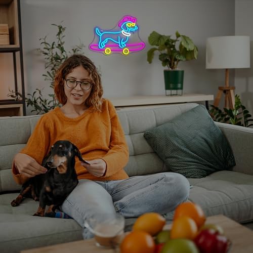 Looklight Skateboard Dog Neon Sign Dachshund Neon Signs Colorful Led Signs with Dimmable Switch Cute Puppy with Cowboy Hat Neon Light Signs for Bedroom Pet Shop Party Gifts for Dog Lover