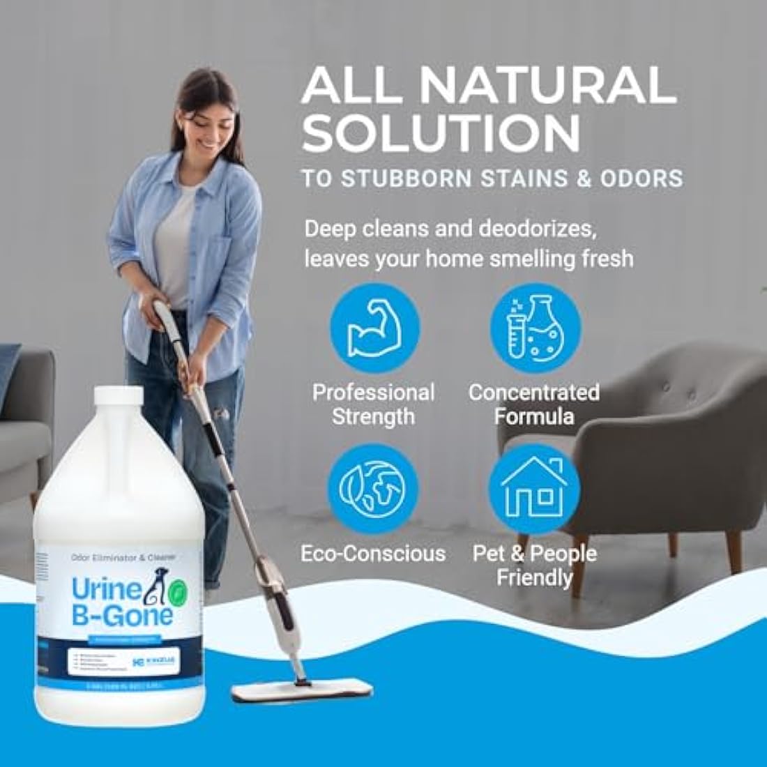 KINZUA ENVIRONMENTAL Urine B-Gone, Professional Enzyme Odor Eliminator & Pet Stain Remover, Human, Cat & Dog Urine Cleaner, Effective on Laundry, Carpets & More (3.79Liter (Pack of 1), Original)