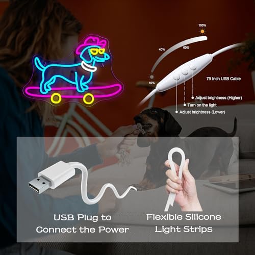 Looklight Skateboard Dog Neon Sign Dachshund Neon Signs Colorful Led Signs with Dimmable Switch Cute Puppy with Cowboy Hat Neon Light Signs for Bedroom Pet Shop Party Gifts for Dog Lover