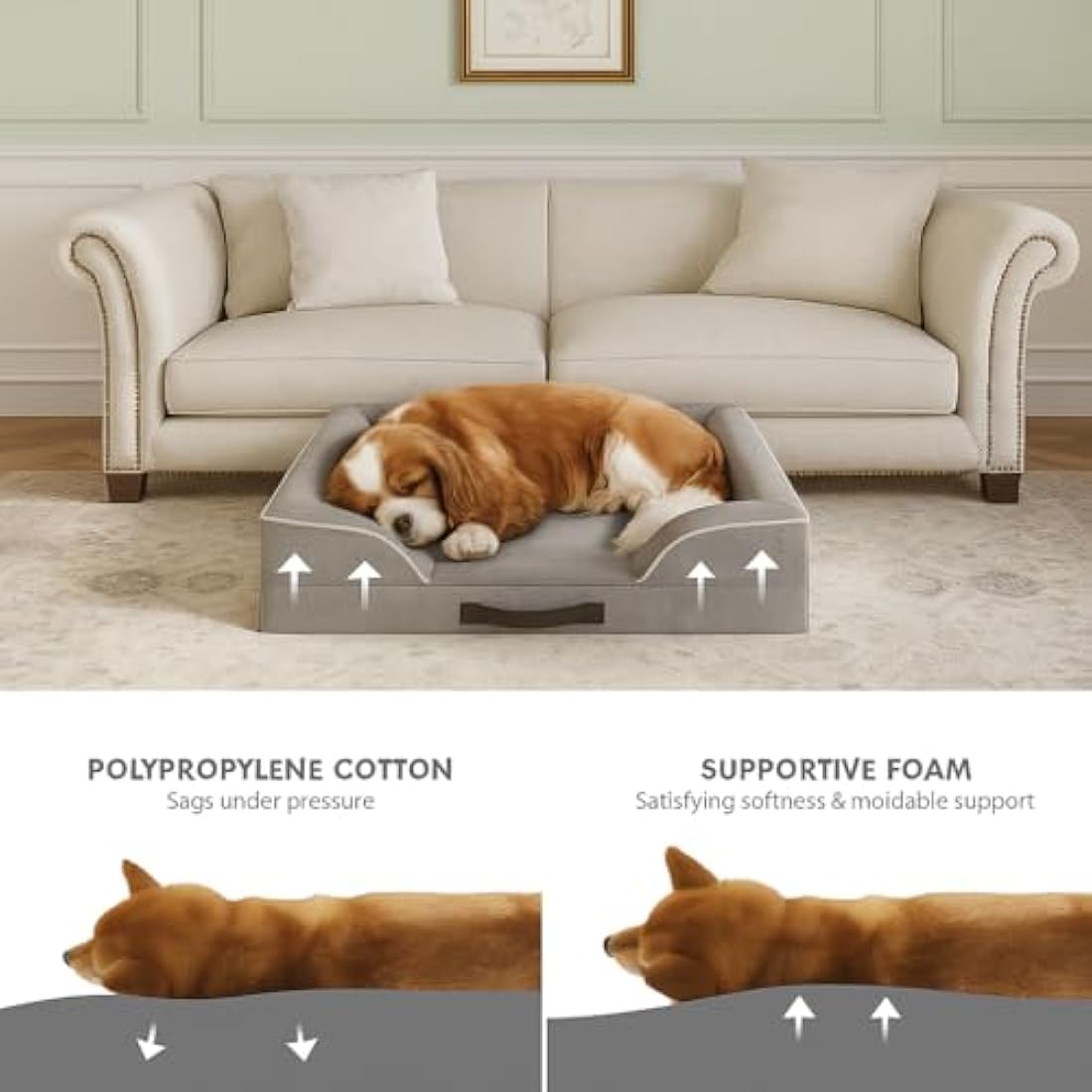 Codi Medium Memory Foam Layer Dog Bed, Washable Orthopedic Dogs Beds Couch with Removable Zipper Cover, Waterproof Pet Sofa with U-Shape Bolster, Grey, 71x58x(7.5+8.9) cm