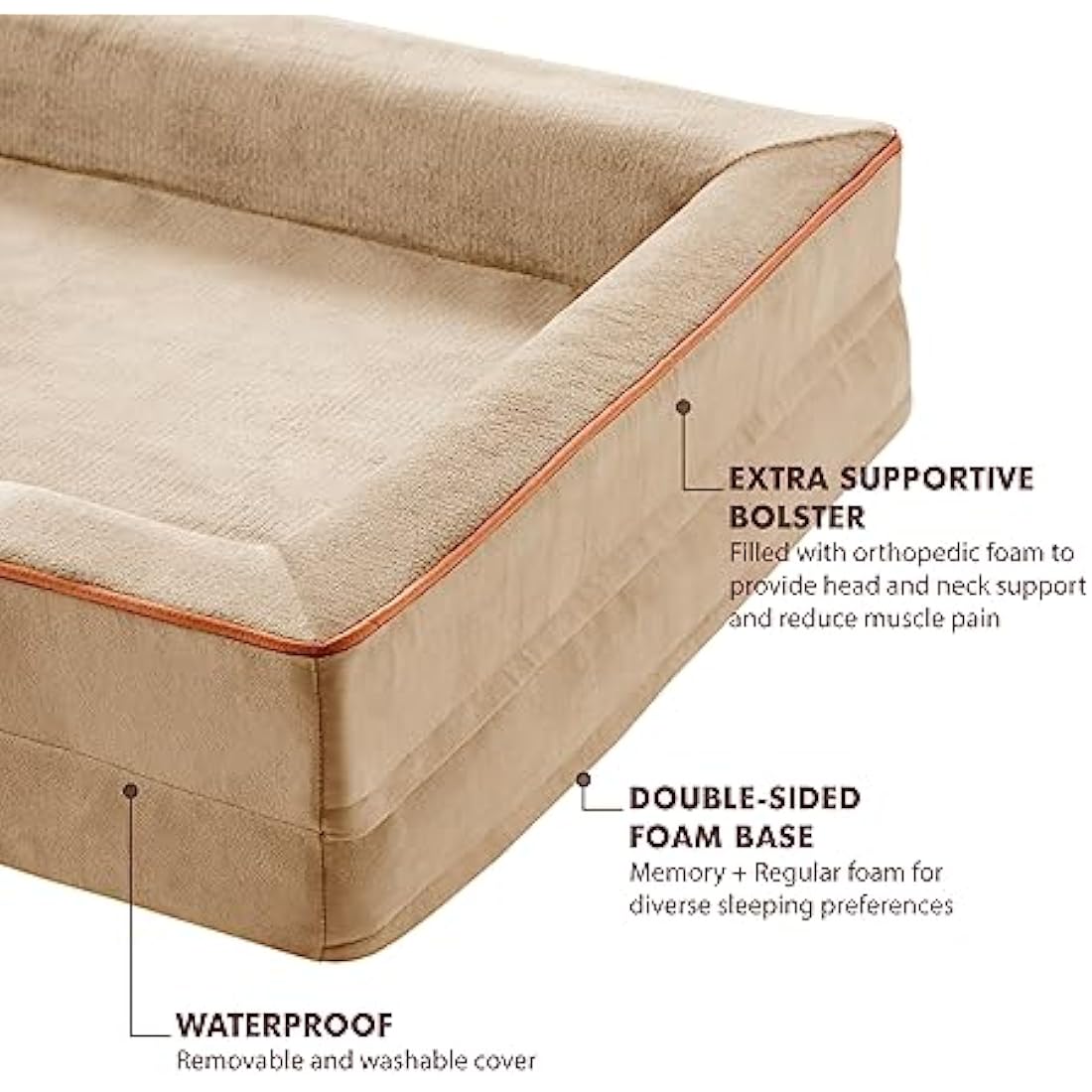 Codi Medium Memory Foam Layer Dog Bed, Washable Orthopedic Dogs Beds Couch with Removable Zipper Cover, Waterproof Pet Sofa with U-Shape Bolster, Khaki, 71x58x(7.5+8.9) cm
