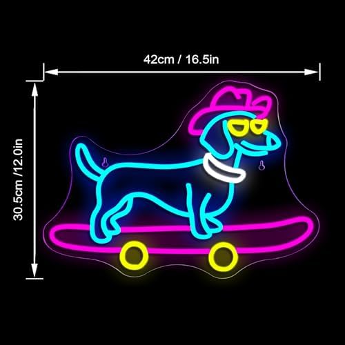 Looklight Skateboard Dog Neon Sign Dachshund Neon Signs Colorful Led Signs with Dimmable Switch Cute Puppy with Cowboy Hat Neon Light Signs for Bedroom Pet Shop Party Gifts for Dog Lover