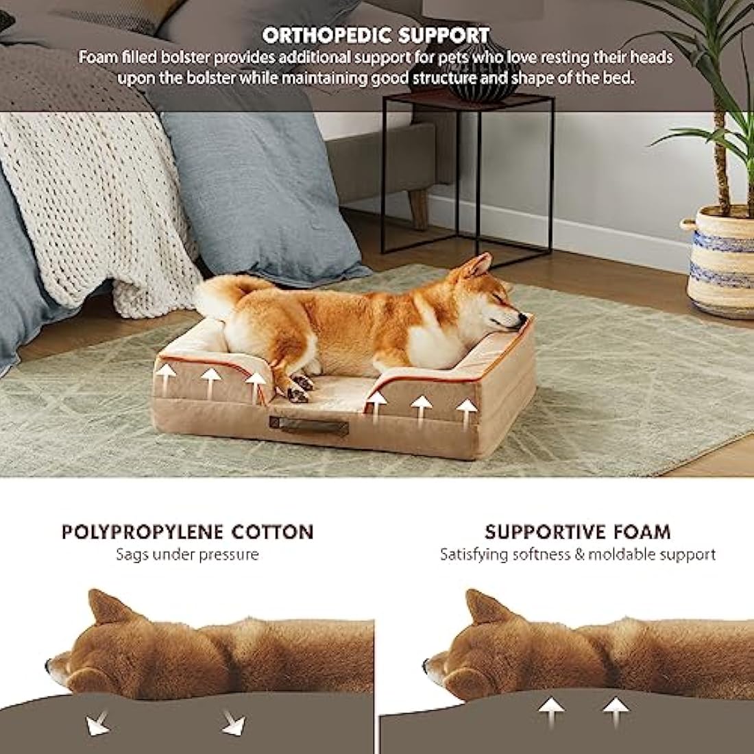 Codi Medium Memory Foam Layer Dog Bed, Washable Orthopedic Dogs Beds Couch with Removable Zipper Cover, Waterproof Pet Sofa with U-Shape Bolster, Khaki, 71x58x(7.5+8.9) cm