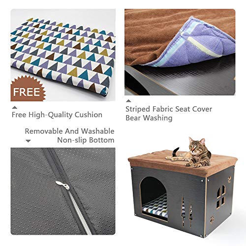 Cat Pet Bed House- Footstool Style Cat Cave Puppy Kennel, Foldable Pet House with Free Pet Cushion for Small Dogs Cats Rabbits Creative Wood Sitting