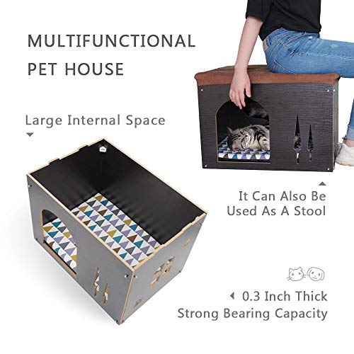Cat Pet Bed House- Footstool Style Cat Cave Puppy Kennel, Foldable Pet House with Free Pet Cushion for Small Dogs Cats Rabbits Creative Wood Sitting