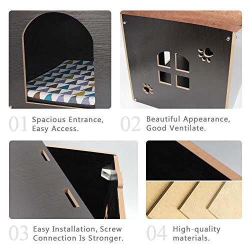 Cat Pet Bed House- Footstool Style Cat Cave Puppy Kennel, Foldable Pet House with Free Pet Cushion for Small Dogs Cats Rabbits Creative Wood Sitting