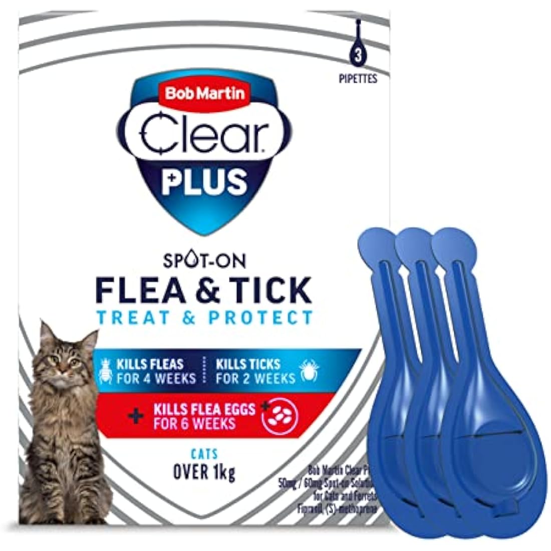 Bob Martin Clear Plus Spot On Flea Treatment for Cats and Kittens - Kills Fleas, Ticks, Lice and Flea Eggs (3 Pipettes)