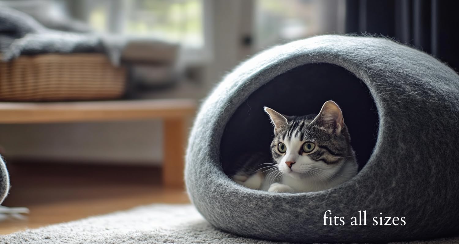 Cat bed cat cave cat house XL also for big cats or small dogs  sturdy outside & cuddly soft inside  handmade of New Zealand wool light grey